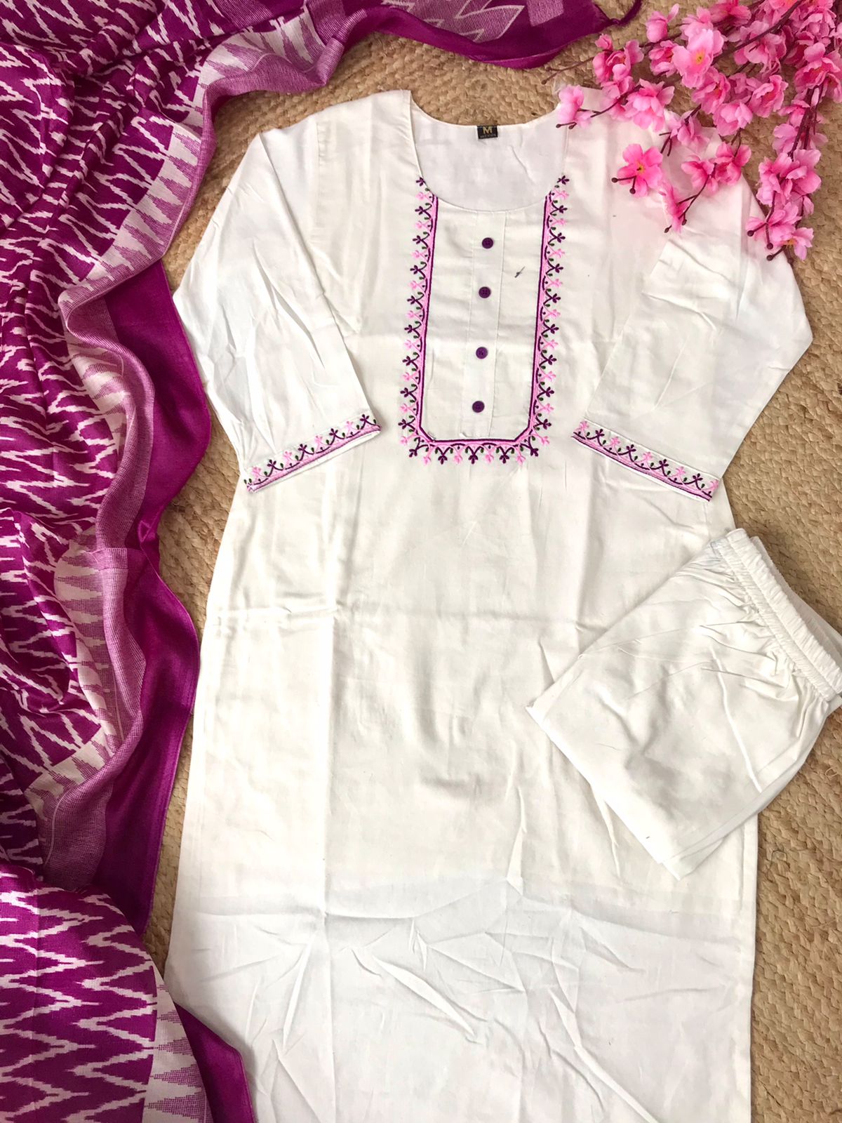 VT Designer Embroidery Khadi Cotton Kurti With Bottom Dupatta Wholesale Shop In Surat